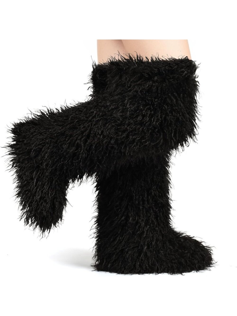 Women's Black Shaggy Faux Furry Fuzzy Fluffy Flat Knee-High Slouchy Snow Boot
